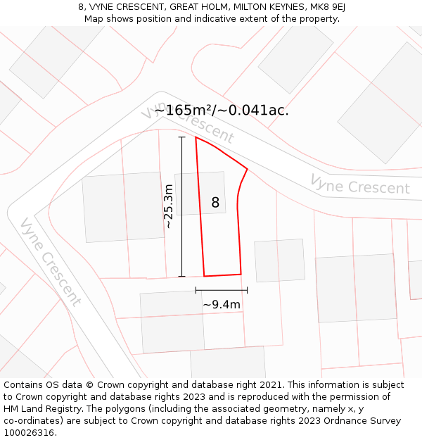 8, VYNE CRESCENT, GREAT HOLM, MILTON KEYNES, MK8 9EJ: Plot and title map