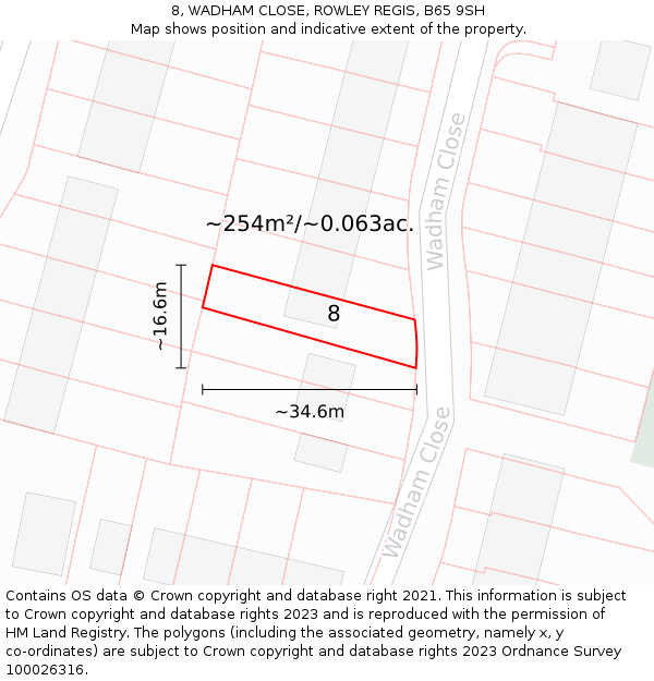 8, WADHAM CLOSE, ROWLEY REGIS, B65 9SH: Plot and title map