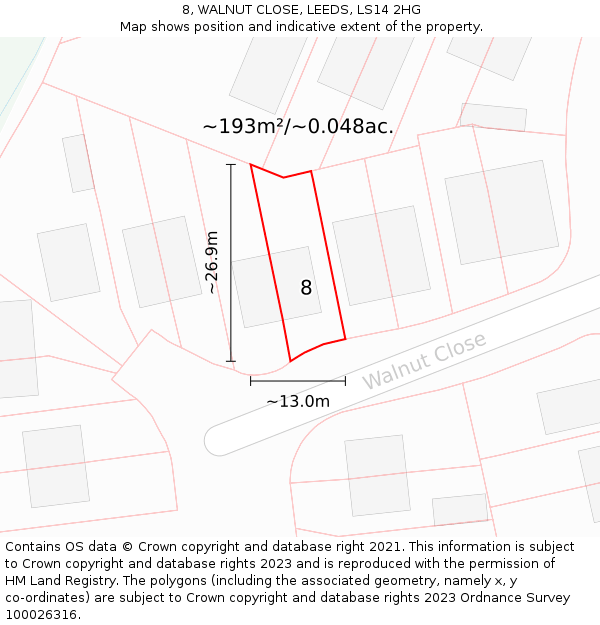 8, WALNUT CLOSE, LEEDS, LS14 2HG: Plot and title map