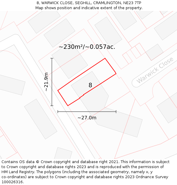 8, WARWICK CLOSE, SEGHILL, CRAMLINGTON, NE23 7TP: Plot and title map