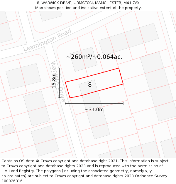 8, WARWICK DRIVE, URMSTON, MANCHESTER, M41 7AY: Plot and title map