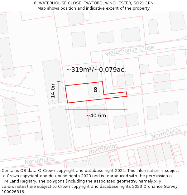 8, WATERHOUSE CLOSE, TWYFORD, WINCHESTER, SO21 1PN: Plot and title map