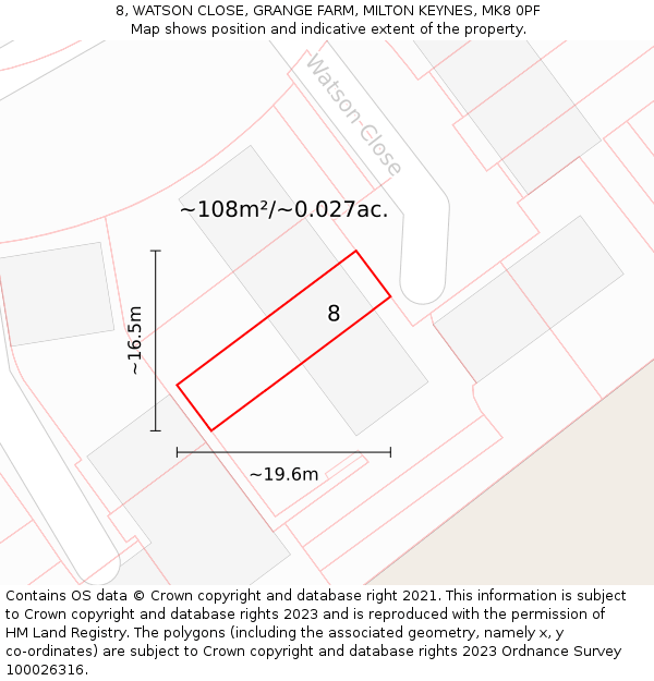 8, WATSON CLOSE, GRANGE FARM, MILTON KEYNES, MK8 0PF: Plot and title map