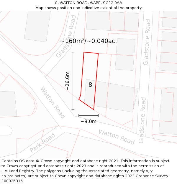 8, WATTON ROAD, WARE, SG12 0AA: Plot and title map