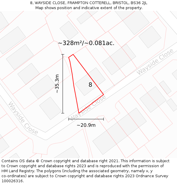 8, WAYSIDE CLOSE, FRAMPTON COTTERELL, BRISTOL, BS36 2JL: Plot and title map