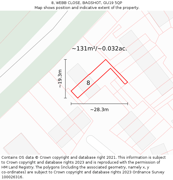 8, WEBB CLOSE, BAGSHOT, GU19 5QP: Plot and title map