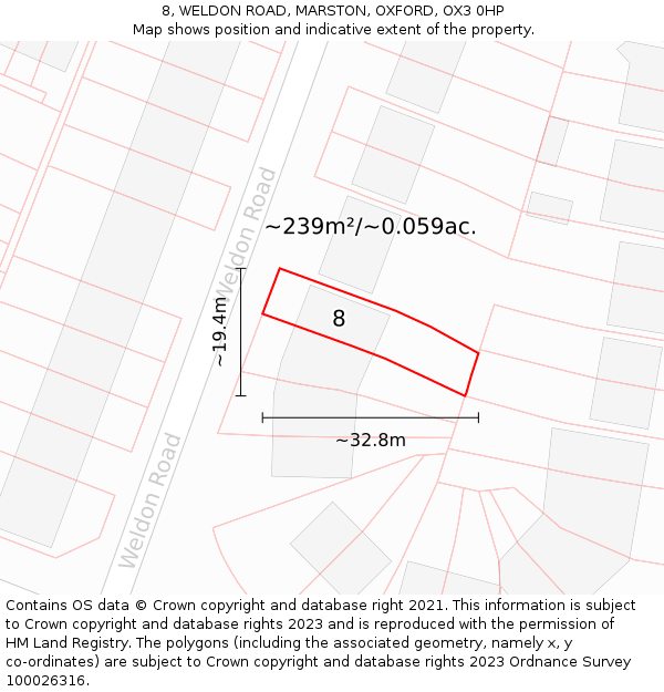 8, WELDON ROAD, MARSTON, OXFORD, OX3 0HP: Plot and title map