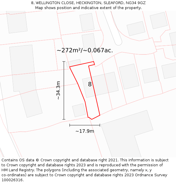 8, WELLINGTON CLOSE, HECKINGTON, SLEAFORD, NG34 9GZ: Plot and title map