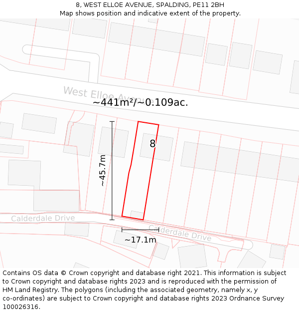 8, WEST ELLOE AVENUE, SPALDING, PE11 2BH: Plot and title map