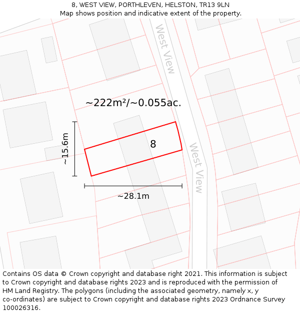 8, WEST VIEW, PORTHLEVEN, HELSTON, TR13 9LN: Plot and title map