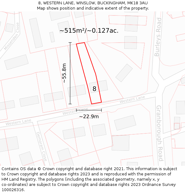 8, WESTERN LANE, WINSLOW, BUCKINGHAM, MK18 3AU: Plot and title map