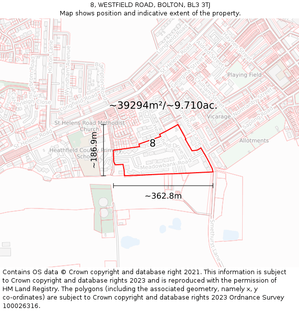 8, WESTFIELD ROAD, BOLTON, BL3 3TJ: Plot and title map