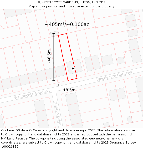 8, WESTLECOTE GARDENS, LUTON, LU2 7DR: Plot and title map