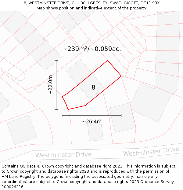 8, WESTMINSTER DRIVE, CHURCH GRESLEY, SWADLINCOTE, DE11 9RX: Plot and title map