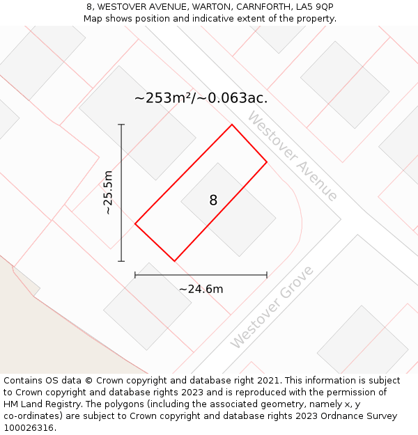 8, WESTOVER AVENUE, WARTON, CARNFORTH, LA5 9QP: Plot and title map