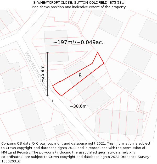 8, WHEATCROFT CLOSE, SUTTON COLDFIELD, B75 5SU: Plot and title map