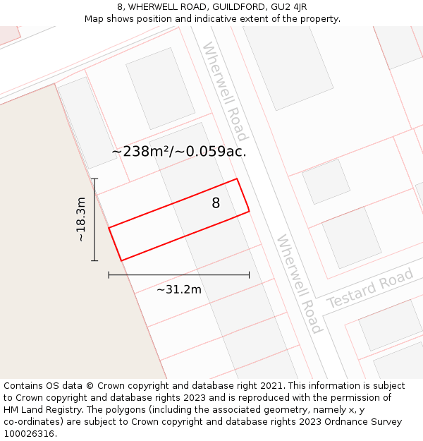 8, WHERWELL ROAD, GUILDFORD, GU2 4JR: Plot and title map