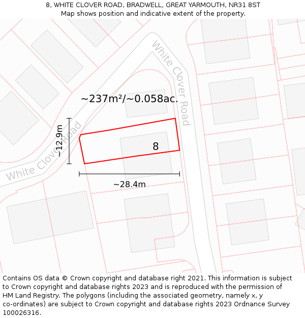 8, WHITE CLOVER ROAD, BRADWELL, GREAT YARMOUTH, NR31 8ST: Plot and title map