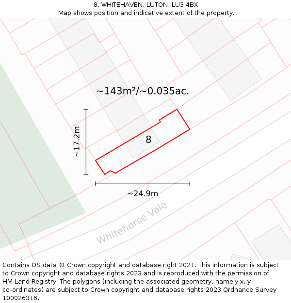 8, WHITEHAVEN, LUTON, LU3 4BX: Plot and title map