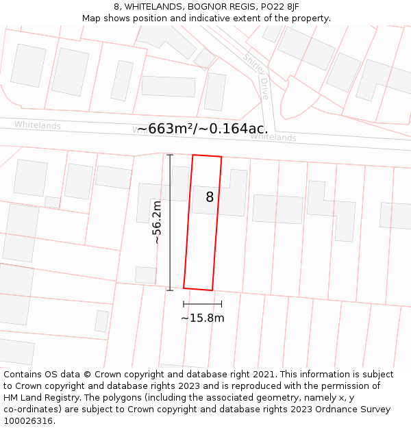 8, WHITELANDS, BOGNOR REGIS, PO22 8JF: Plot and title map