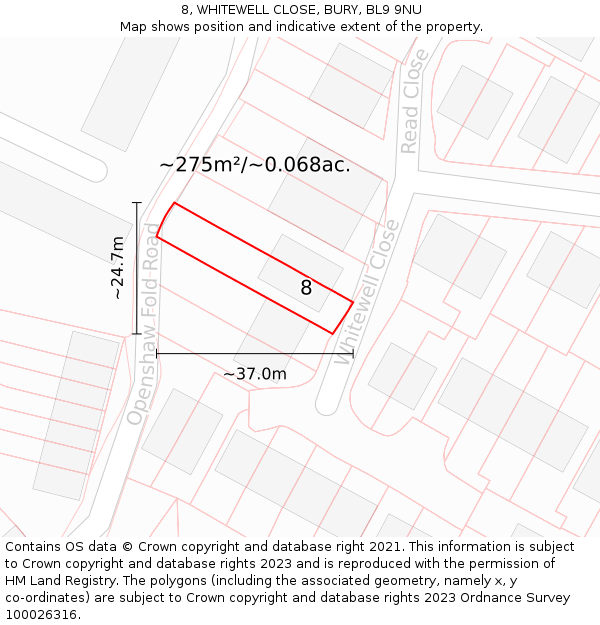 8, WHITEWELL CLOSE, BURY, BL9 9NU: Plot and title map