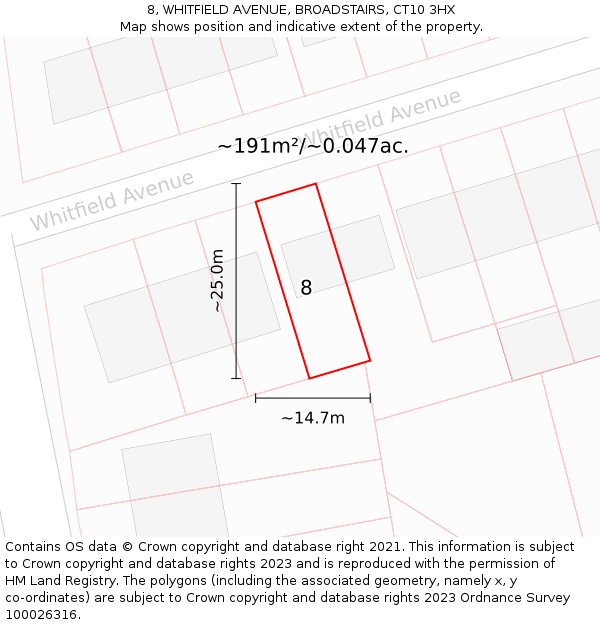 8, WHITFIELD AVENUE, BROADSTAIRS, CT10 3HX: Plot and title map