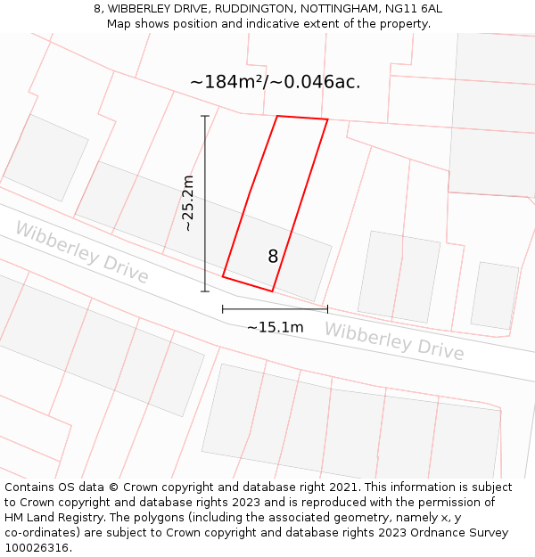 8, WIBBERLEY DRIVE, RUDDINGTON, NOTTINGHAM, NG11 6AL: Plot and title map