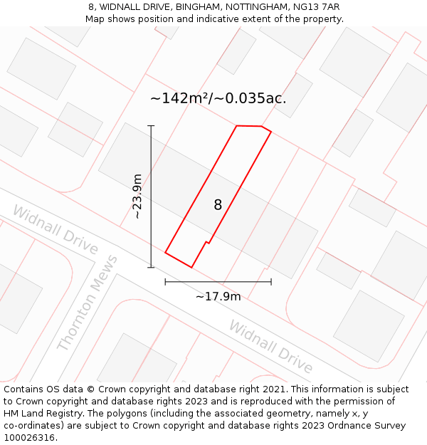 8, WIDNALL DRIVE, BINGHAM, NOTTINGHAM, NG13 7AR: Plot and title map