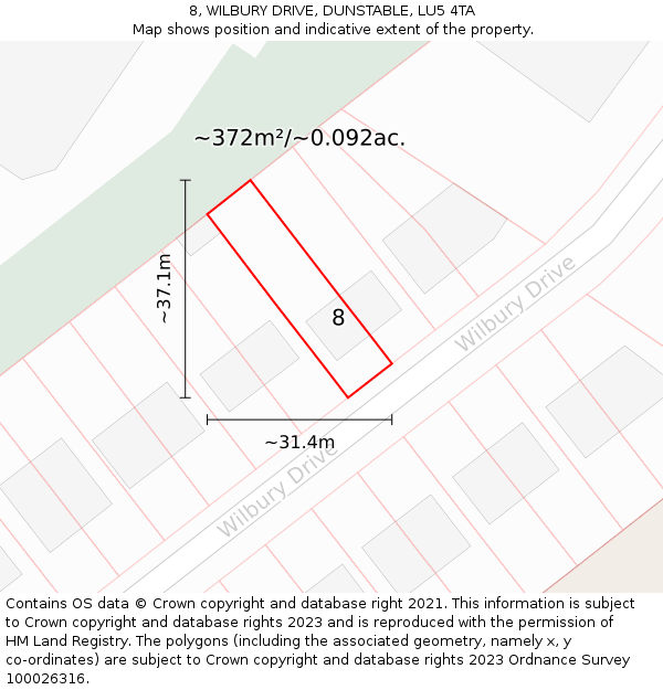 8, WILBURY DRIVE, DUNSTABLE, LU5 4TA: Plot and title map