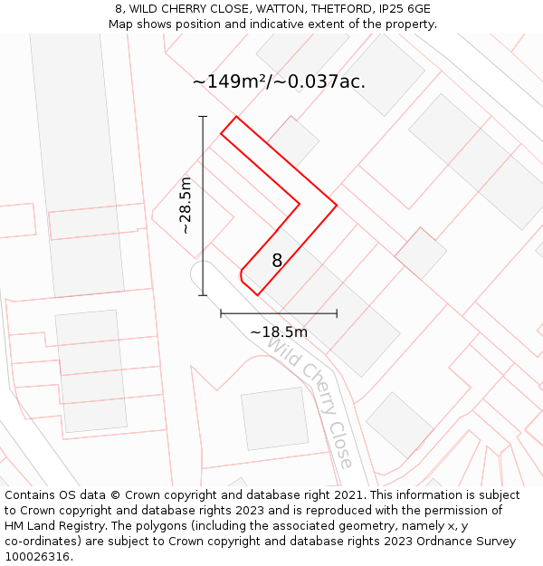 8, WILD CHERRY CLOSE, WATTON, THETFORD, IP25 6GE: Plot and title map