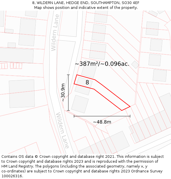 8, WILDERN LANE, HEDGE END, SOUTHAMPTON, SO30 4EF: Plot and title map