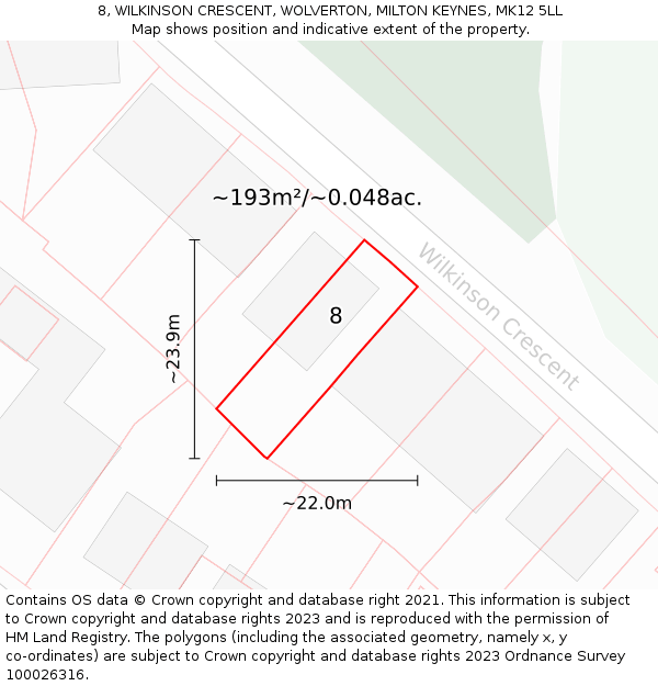 8, WILKINSON CRESCENT, WOLVERTON, MILTON KEYNES, MK12 5LL: Plot and title map