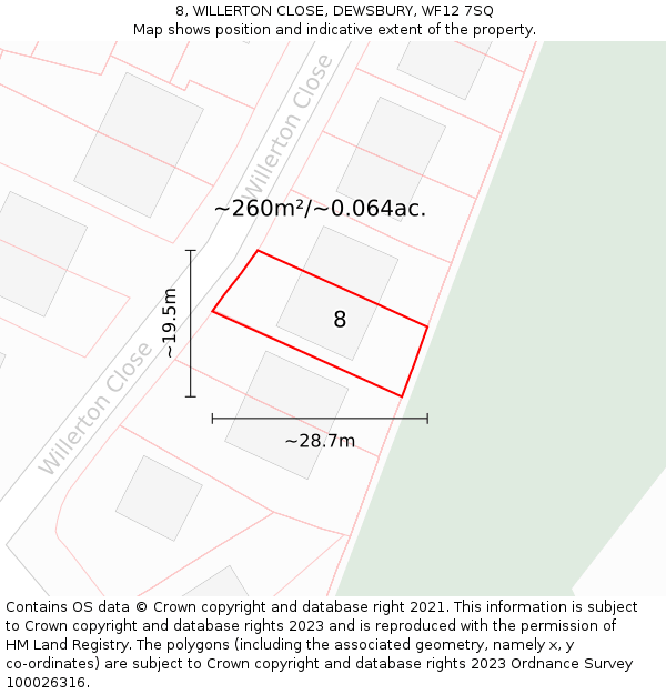 8, WILLERTON CLOSE, DEWSBURY, WF12 7SQ: Plot and title map