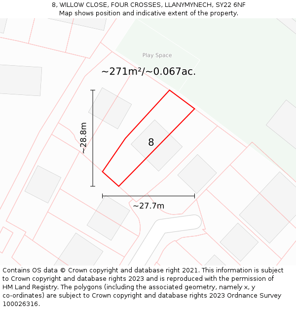 8, WILLOW CLOSE, FOUR CROSSES, LLANYMYNECH, SY22 6NF: Plot and title map