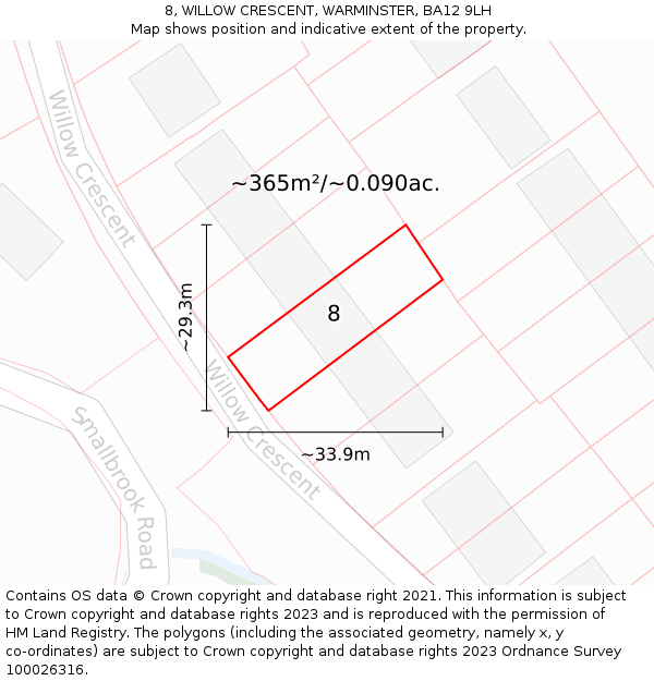 8, WILLOW CRESCENT, WARMINSTER, BA12 9LH: Plot and title map