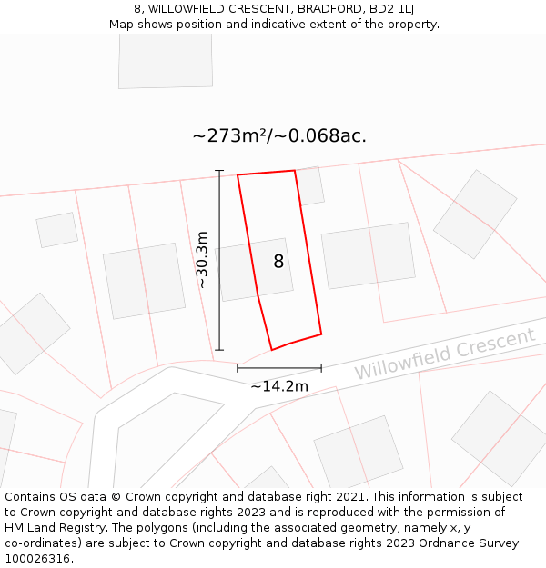 8, WILLOWFIELD CRESCENT, BRADFORD, BD2 1LJ: Plot and title map