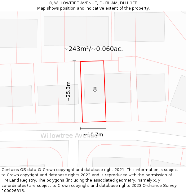 8, WILLOWTREE AVENUE, DURHAM, DH1 1EB: Plot and title map