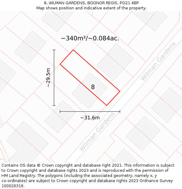 8, WILMAN GARDENS, BOGNOR REGIS, PO21 4BP: Plot and title map