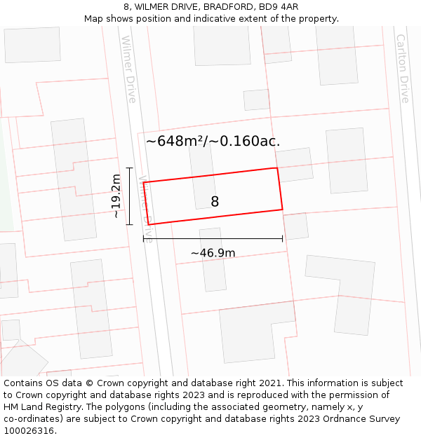 8, WILMER DRIVE, BRADFORD, BD9 4AR: Plot and title map