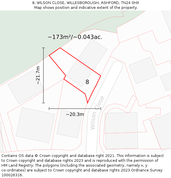 8, WILSON CLOSE, WILLESBOROUGH, ASHFORD, TN24 0HX: Plot and title map