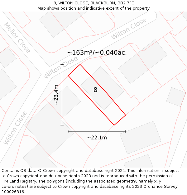 8, WILTON CLOSE, BLACKBURN, BB2 7FE: Plot and title map