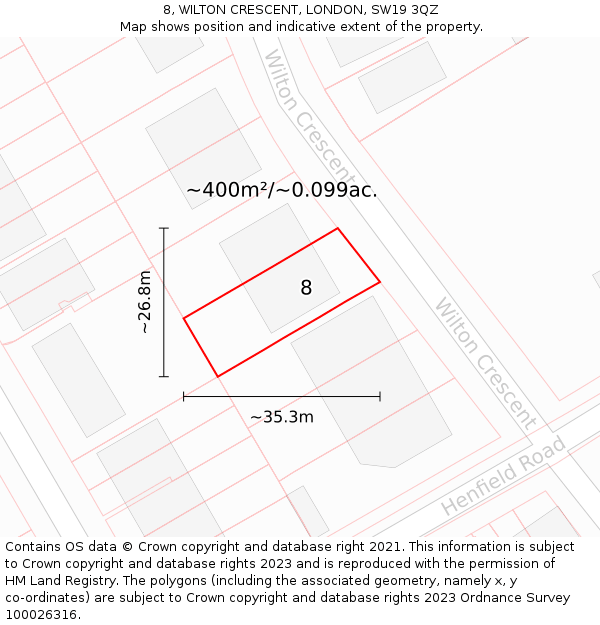 8, WILTON CRESCENT, LONDON, SW19 3QZ: Plot and title map