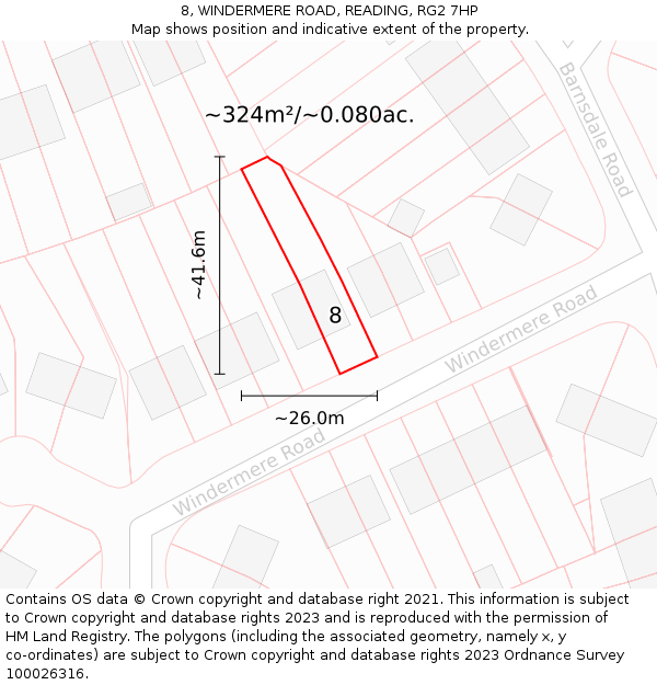 8, WINDERMERE ROAD, READING, RG2 7HP: Plot and title map