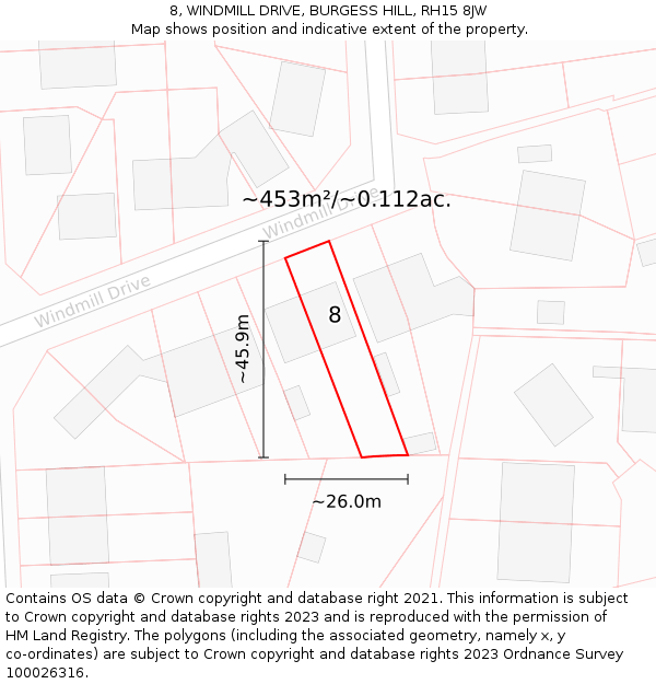 8, WINDMILL DRIVE, BURGESS HILL, RH15 8JW: Plot and title map