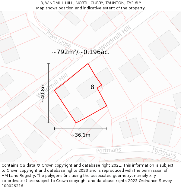 8, WINDMILL HILL, NORTH CURRY, TAUNTON, TA3 6LY: Plot and title map