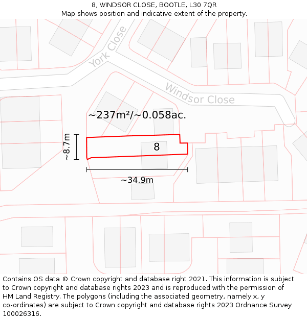 8, WINDSOR CLOSE, BOOTLE, L30 7QR: Plot and title map