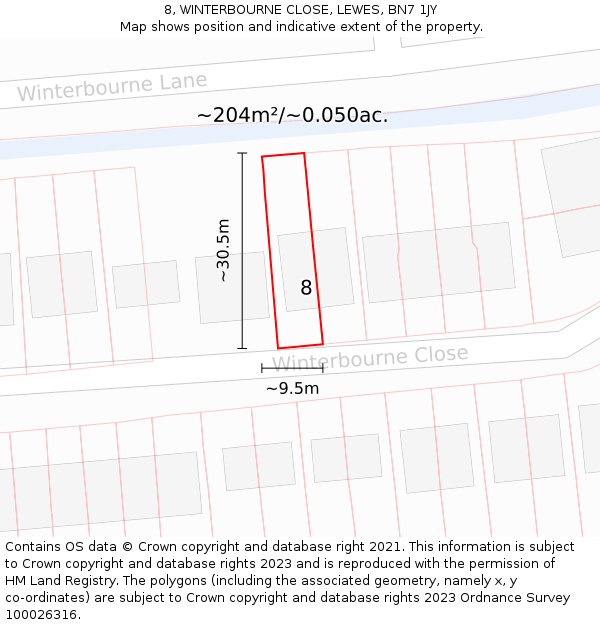 8, WINTERBOURNE CLOSE, LEWES, BN7 1JY: Plot and title map
