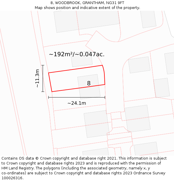 8, WOODBROOK, GRANTHAM, NG31 9FT: Plot and title map