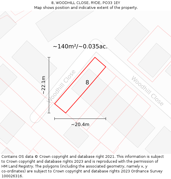 8, WOODHILL CLOSE, RYDE, PO33 1EY: Plot and title map