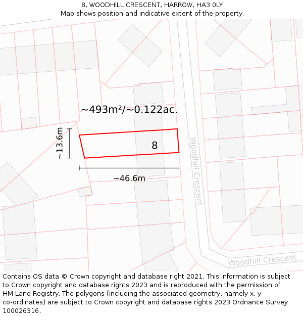 8, WOODHILL CRESCENT, HARROW, HA3 0LY: Plot and title map